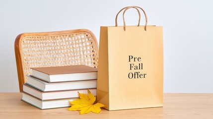 Autumn Pre-Fall Offer Promotion Concept with Kraft Paper Shopping Bag on Vintage Chair Beside Books and Yellow Leaves, Copy Space Available
