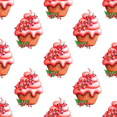 Cupcake with redcurrant cream. Seamless pattern hand drawn watercolor. Sweet pastry. Delicious holiday food. Sugar dessert. Bakery treat. Illustration background for fabric and packaging.