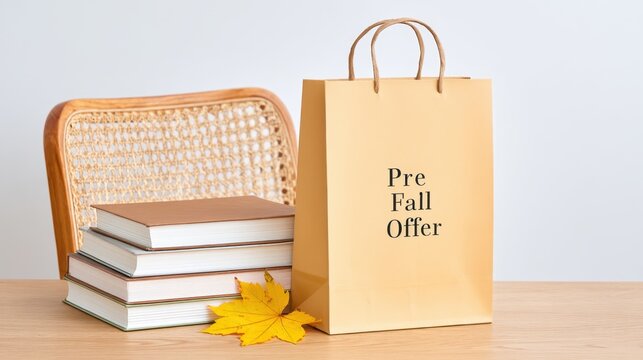 Autumn Pre-Fall Offer Promotion Concept with Kraft Paper Shopping Bag on Vintage Chair Beside Books and Yellow Leaves, Copy Space Available - Powered by Adobe