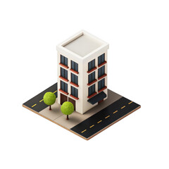 Stylized isometric building with two trees and a road section isolated on transparent background