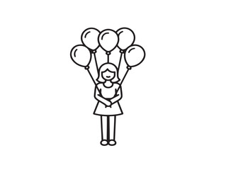 Happy child with floating balloons in flat line art