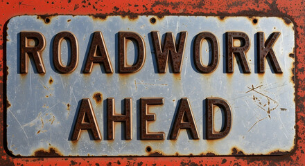 Fototapeta premium Aged Roadwork Ahead Sign with Rust and Weathering conveying road construction information