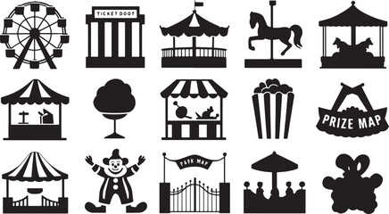 Amusement Park Silhouette Collection Funfair Attractions Carnival Elements Ferris Wheel Ticket Booth Carousel Popcorn Prize Map