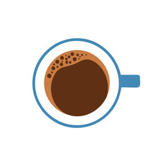 Blue rimmed cup filled with dark coffee and foam drink beverage