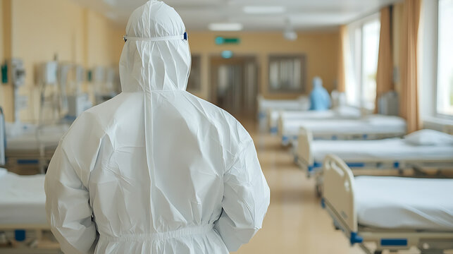 Healthcare worker in full protective suit stands in an empty hospital ward, ready to assist patients during a pandemic or outbreak. Vigilance and care.