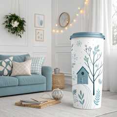 Cozy living room with teal sofa, decorative items, and a stylish travel mug