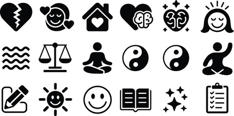 Mindfulness icons cad drawing flat vector illustration, emotional wellness, meditation, creativity, and balance symbolsMindfulness icons cad drawing flat 