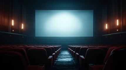 Cinema of Dreams: A captivating view inside an empty cinema, the screen glowing invitingly under the soft glow of spotlights. The rows of plush seats suggest anticipation for an upcoming show.