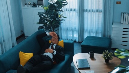 Top view of stressful project manager talking to smart team by using phone. Professional business...