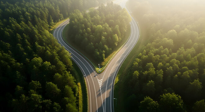 Aerial view of a forked road winding through a lush green forest at sunrise creating a scenic landscape - Powered by Adobe