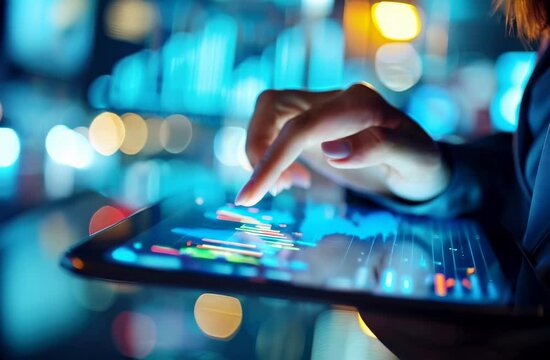 Individual using tablet with bright data graphics, surrounded by glowing city lights, illustrating the fusion of technology and urban life in a dynamic setting