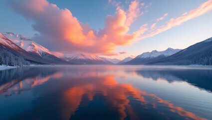 A serene winter landscape with a lake reflecting pink clouds, snow capped mountains, and frosty surroundings.