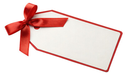 Gift tag with red border and ribbon bow isolated on transparent background.