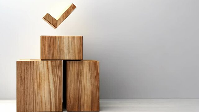 Three wooden blocks are arranged in a stack with a checkmark above them, representing achievement and order in a simple environment