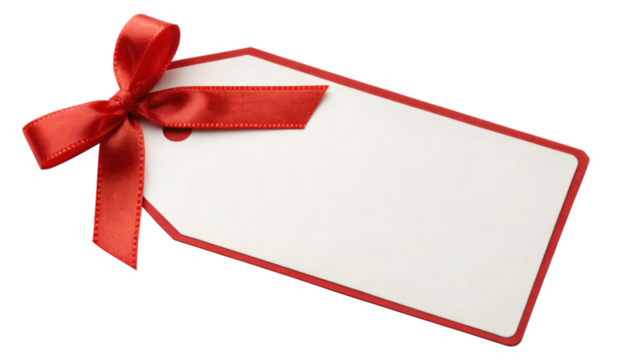 Gift tag with red border and ribbon bow isolated on transparent background.