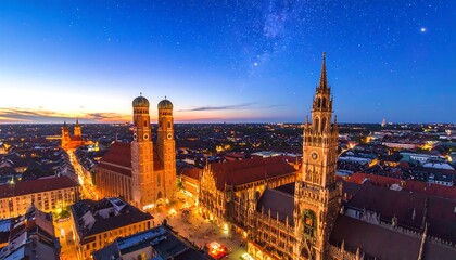 Fototapeta premium Panoramic view of a European city at twilight, featuring historical buildings and a starry night sky