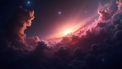 Naklejka premium A dreamy sky scene with fluffy clouds, a bright light, and stars in the background.