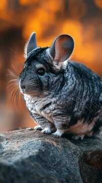 cute fluffy  chinchilla sitting on the roack at autumn nature park 