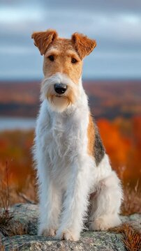 cute Airedale Terrier dog at autumn nature field 