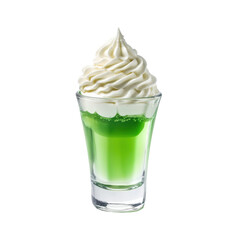 Green jell whip cream on top in a shot glass dessert food, small shot glass containing green jell, isolated on transparent background