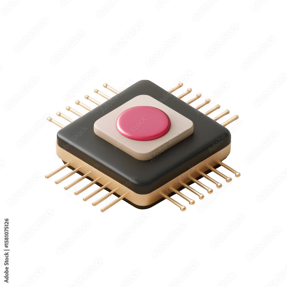 Fototapete modern 3d stylized computer microchip processor with gold pins and a pink circular element isolated 
