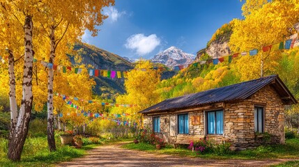 Charming Himalayan house in Kashmir village surrounded by vibrant yellow trees and majestic mountains