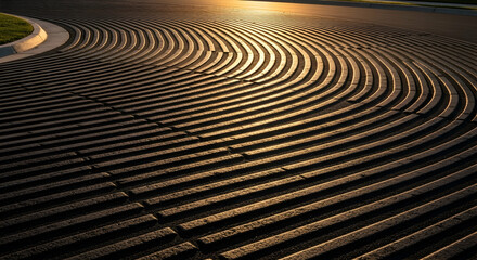 Abstract Concrete Curves Pattern With Evening Sunlight Reflections On Surface