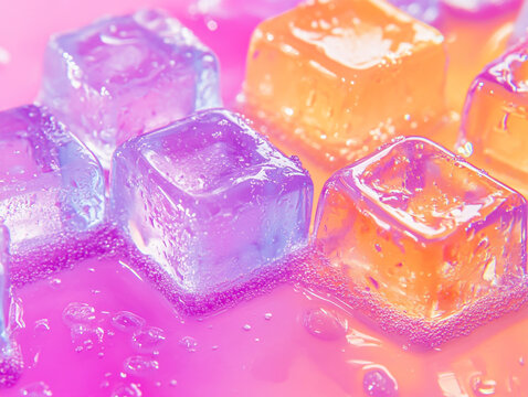 Vibrant colourful frozen ice cubes and clear transparent squares with fresh water drops on black and red backgrounds