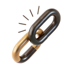Interlocking metallic chain links in gold and dark grey with radiating lines signifying connection and strength isolated on transparent background