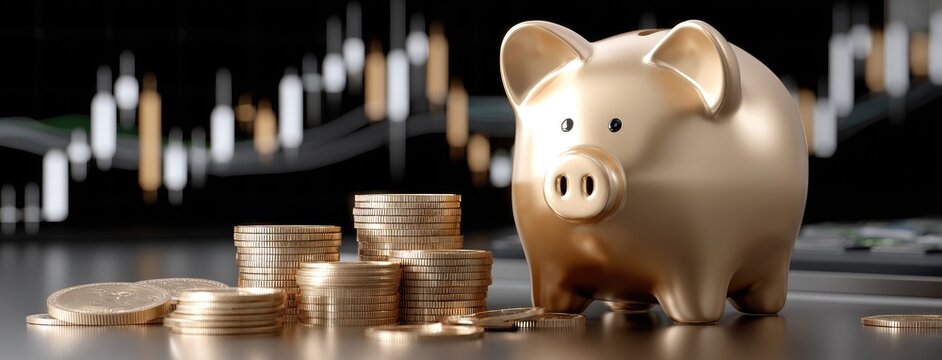 Golden piggy bank placed on table alongside scattered coins with an illuminated stock chart displaying upward trends in the background