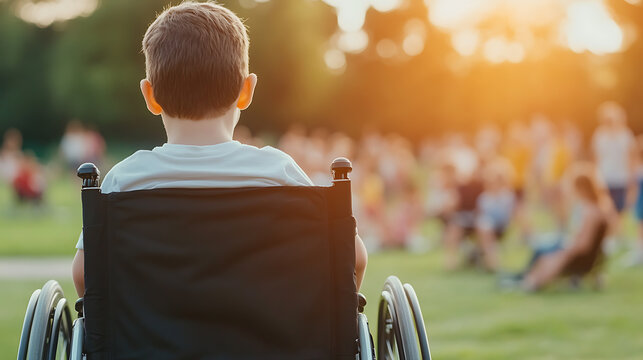 Child in wheelchair at outdoor event watches crowd in golden light, promoting inclusivity and accessibility.