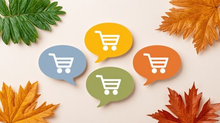Pre-Fall Flash Sale Promotion Concept: Shopping Cart Icons, Discount Bubbles Projected on Neutral Background with Dried Leaves and Copy Space