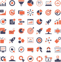 A comprehensive collection of business and marketing icons in orange and dark blue