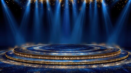 Luxurious blue and golden dotted edge lines with royal stage spotlights, creating an empty background for awards graphics.