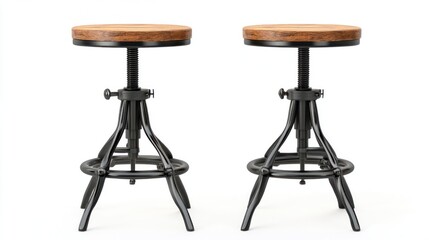 Industrial style bar stools with wood seats, isolated on white