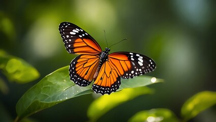 Fototapeta premium Beautiful Monarch Butterfly Resting on a Green Leaf in Natural Sunlight