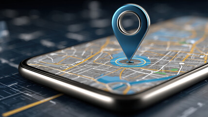 Smartphone with map application displaying floating location pin marker in augmented reality concept