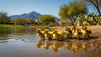 Adorable Ducklings Lined Up by a Desert Lake with Mountain Backdrop