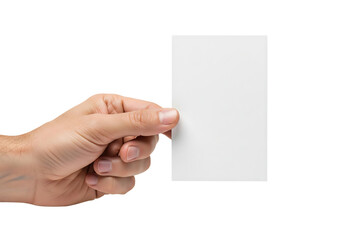 Obraz premium Hand holding a blank vertical white business card for mockup. Isolated on transparent background, png