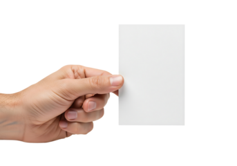 Hand holding a blank vertical white business card for mockup. Isolated on transparent background, png