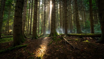Obraz premium Sunbeams light a forest path through tall trees on a misty morning