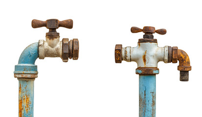 Old and rusty water tap isolated on white or transparent background