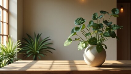 Fototapeta premium Minimalist Wabi-Sabi Workspace Background with Wooden Table and Green Plants