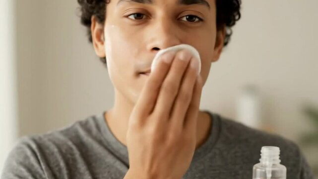 A young man applies skincare products, showing his face with a happy expression. - Powered by Adobe