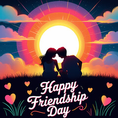 Happy Friendship Day Silhouetted Friends Watching Sunset with Radiant Sky and Pastel Typography