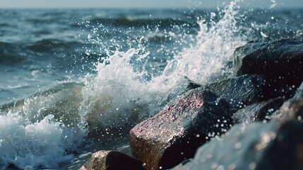 Ocean Wave Splashing on Coastal Rock