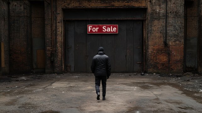 Solitary worker walking away from industrial building for sale - Powered by Adobe