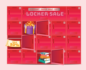 Locker Sale Surprise - Vouchers, Gifts & Books - Vector illustration of red lockers with open doors revealing a gift box, 50% sale vouchers, and books. Ideal for sales, promotions, or school events.