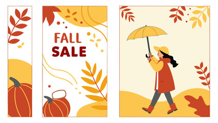 Three fall themed banners with pumpkins, leaves, fall sale text and a woman with an umbrella walking outdoors