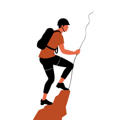 Obraz premium Climber reaching rock summit with backpack and climbing gear 